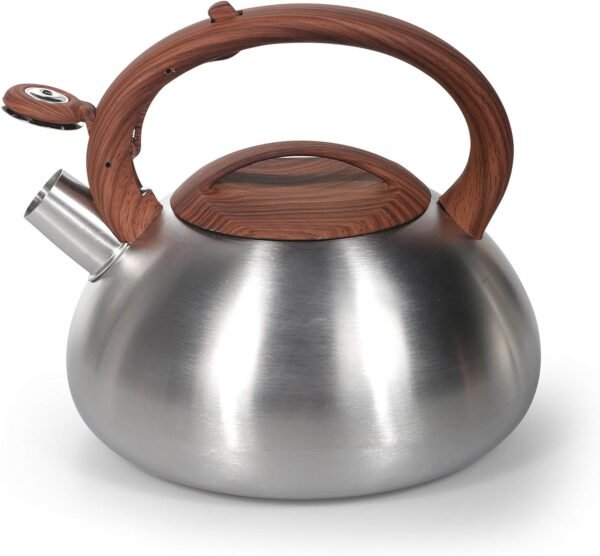 Royalford 3L Whistling Kettle Portable Design Whistling Tea Kettle with Heat Wooden Finish Lid & Handle Ergonomic Pouring Spout Compatible with Gas, Induction, Hot Plate, Silver, Model RF9669