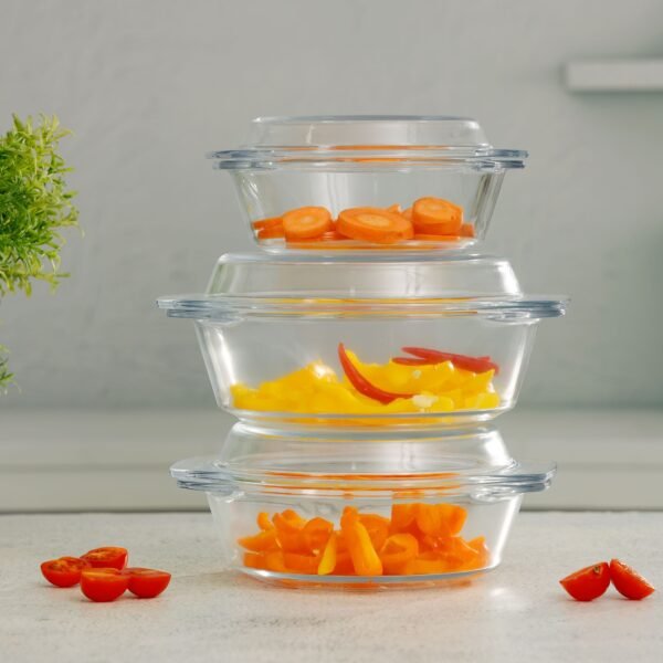 Royalford 3Pcs, Borosilicate Glass Casserole Set, | High Thermal Shock-Resistant Container | Casserole With Lid | Microwave, Electric Oven, Freezer And Dishwasher Safe, Model RF10270